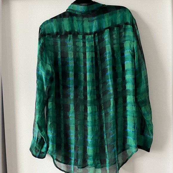 Equipment Silk Blend Button Down Blouse, Sheer Green Blue Black Pattern, Size S - Picture 2 of 4